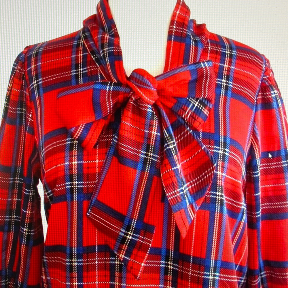Lumie from Neiman Marcus Red Tartan Check Plaid Tie Blouse